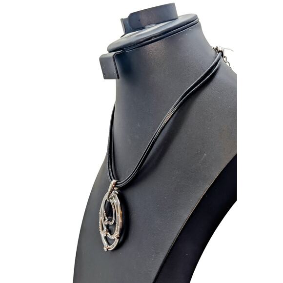 Chico's NWT Black Corded Hammered Silver Tone Rhinestone Circle Pendant Necklace - Picture 2 of 6